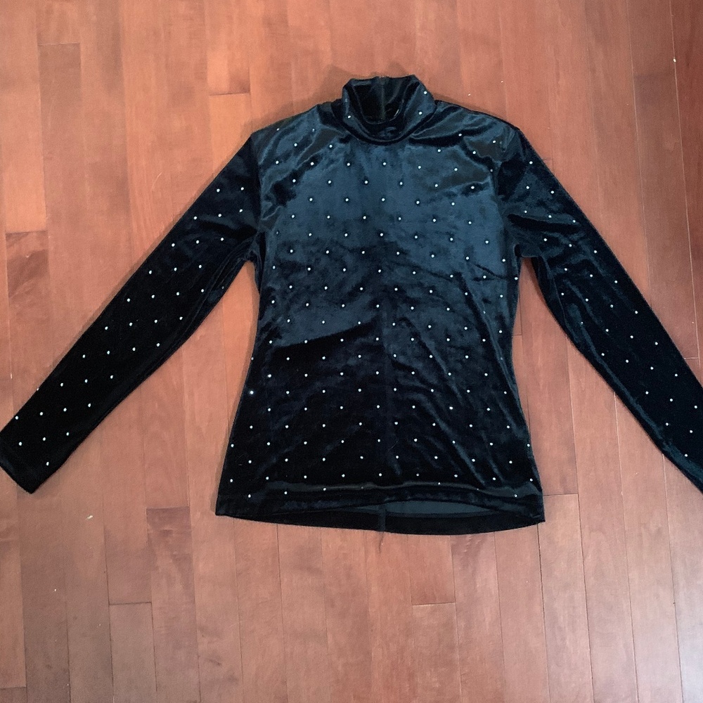 Rhinestone Studded Black Velvet Turtleneck Shirt